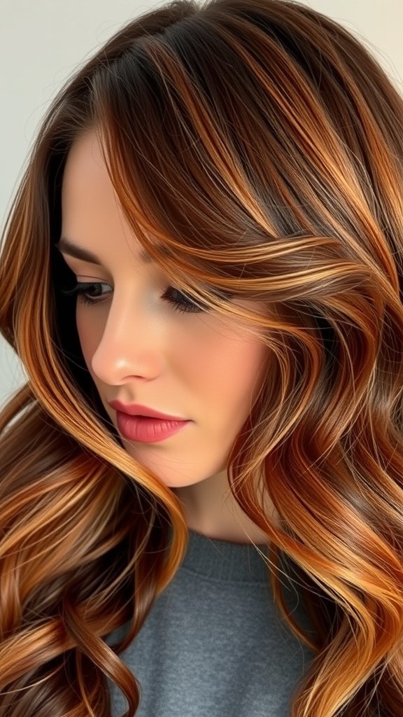 A woman with dark auburn hair featuring caramel blonde highlights, styled in soft curls.