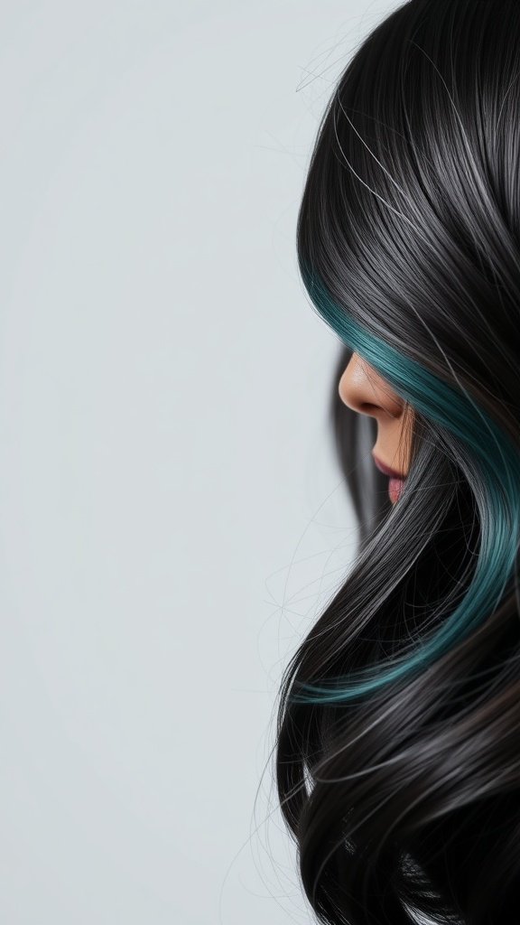 A close-up of a woman's hair featuring deep teal highlights on a raven black base.