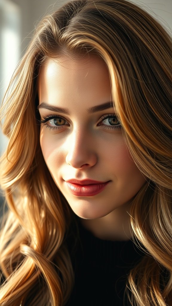 A close-up of a woman with soft waves and money piece highlights framing her face.