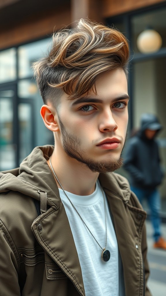 A teenage boy with a faded undercut hairstyle and a beard, showcasing a modern and stylish look.