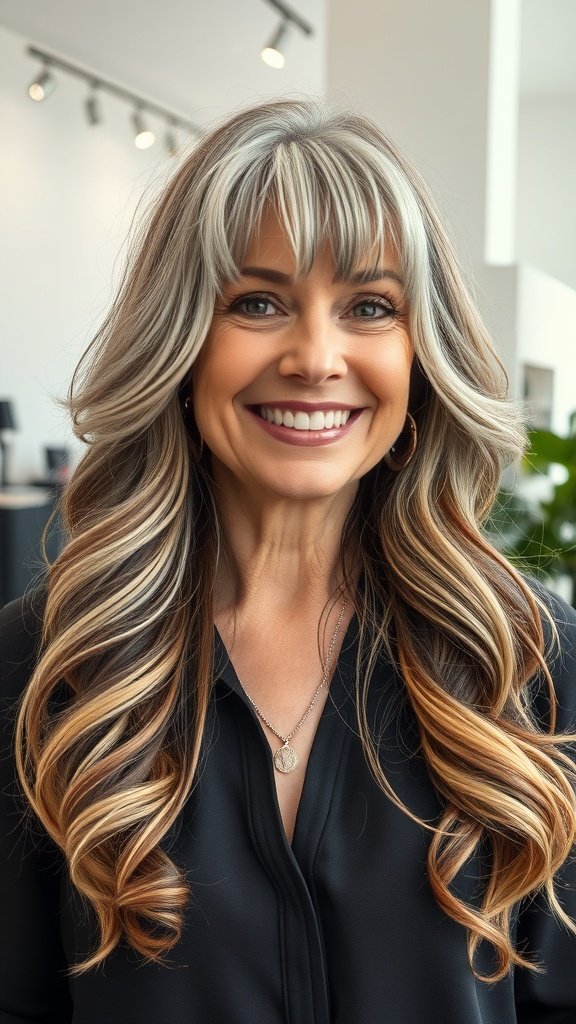 A woman with feathered layers and wispy bangs, showcasing a stylish hairstyle for those over 60.