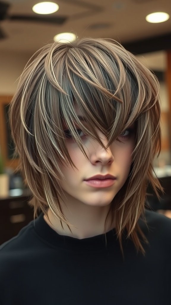 A stylish feathered shag haircut with micro bangs, showcasing layered texture and movement.