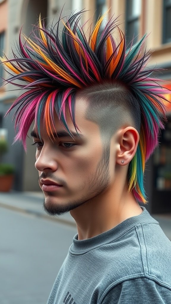 A young man with a colorful feathered shaggy mullet and an undercut, showcasing a trendy hairstyle.