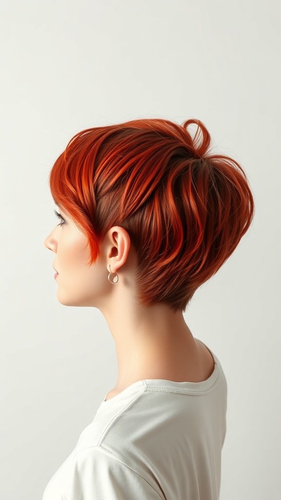 A woman with a fiery red-angled bixie haircut, showcasing vibrant color and sharp angles.