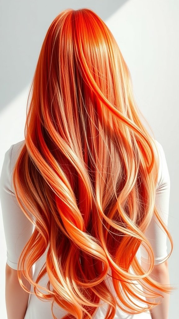 A beautiful gradient hairstyle transitioning from fiery red at the roots to soft coral at the tips, showcasing long, flowing hair.