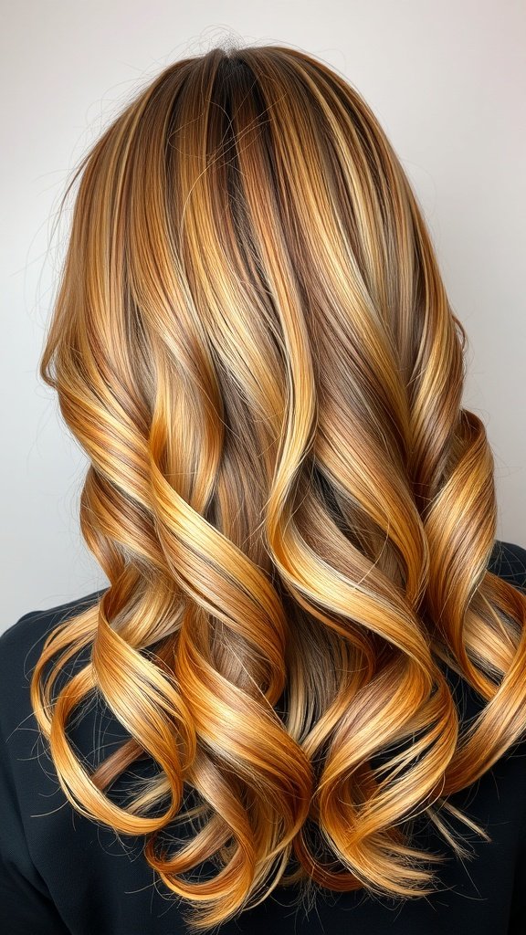 A hairstyle featuring golden blonde hair with auburn lowlights, styled in soft waves.