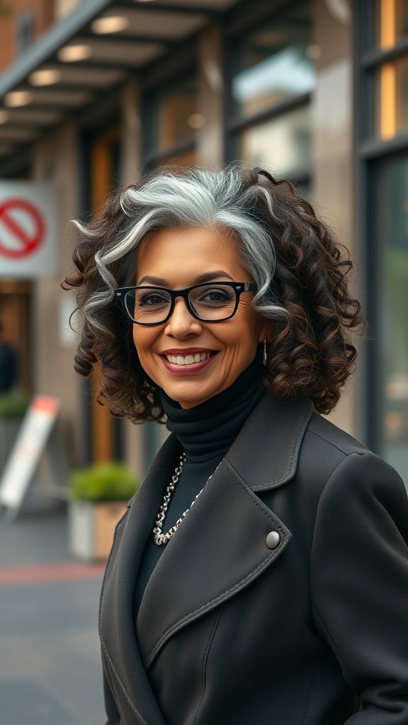 A woman with a jaw-length curly bob hairstyle featuring tight ringlets, smiling outdoors