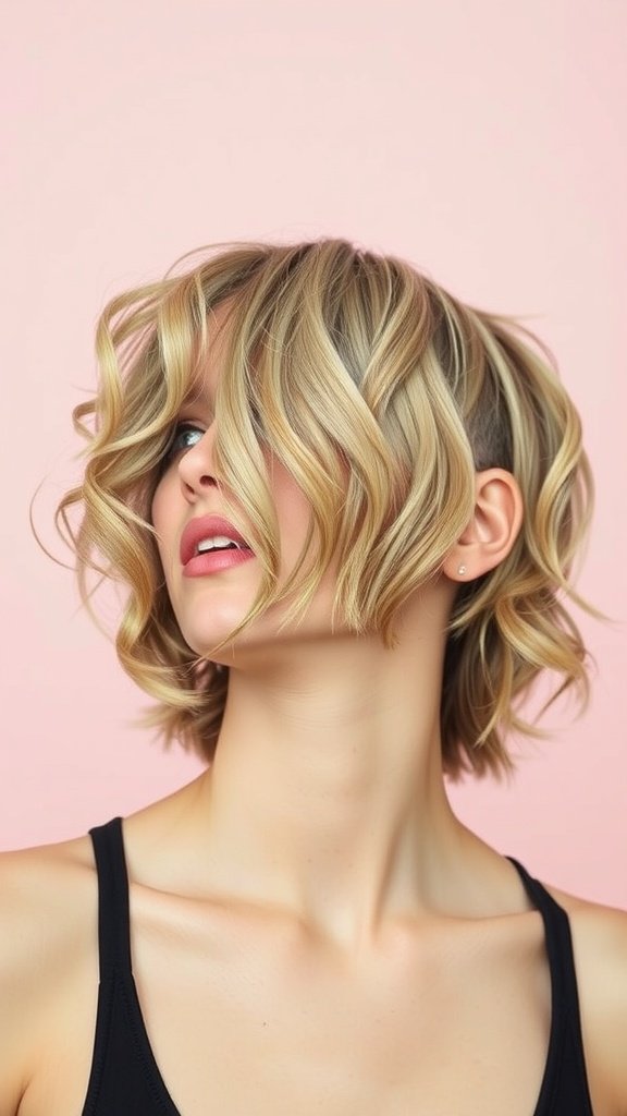 A woman with a jaw-length curly bob hairstyle featuring an undercut, showcasing soft curls and a modern edge.