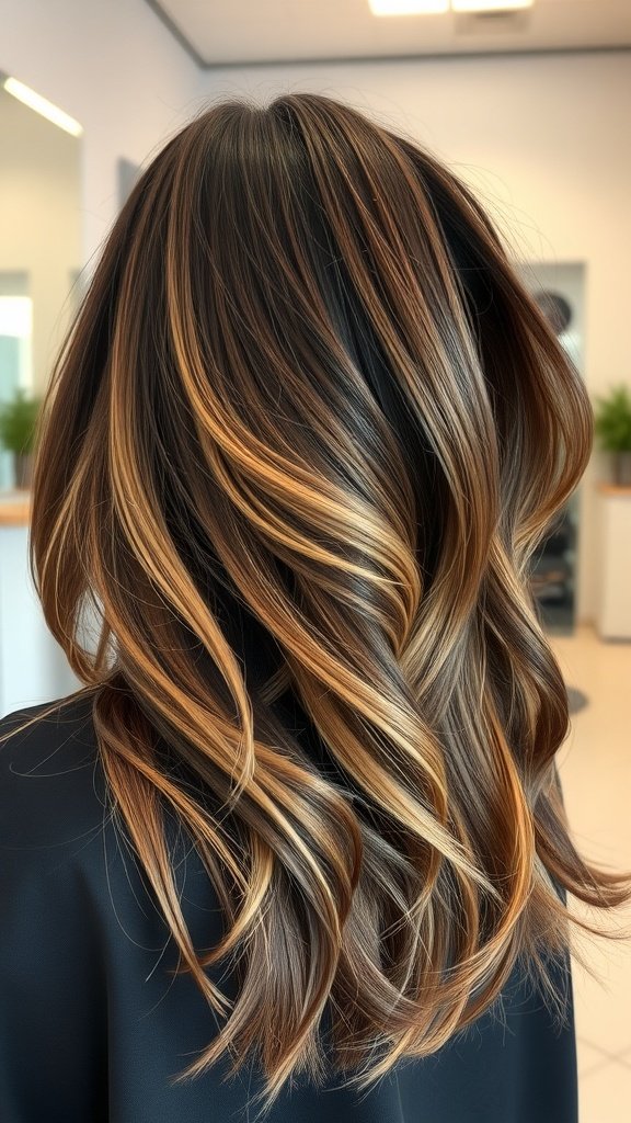 A close-up view of layered brunette hair with champagne highlights, showcasing the rich tones and movement.