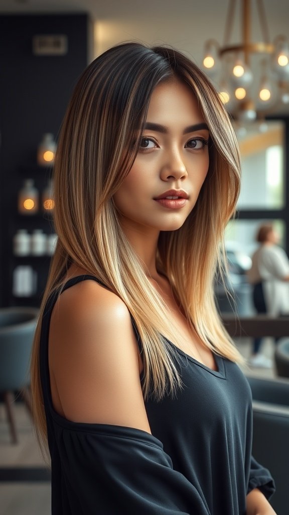 A woman with layered straight hair featuring feathered ends, showcasing a modern hairstyle in a stylish setting.