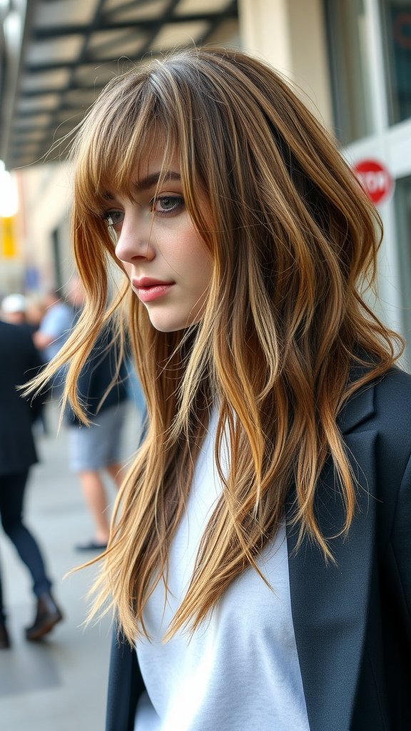 A woman with long, wispy hair and baby bangs, showcasing a stylish hush cut.