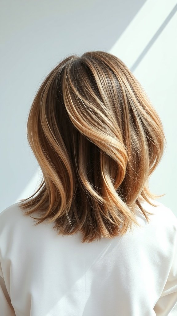 A long feathered bob hairstyle with a middle part, showcasing layers and movement.