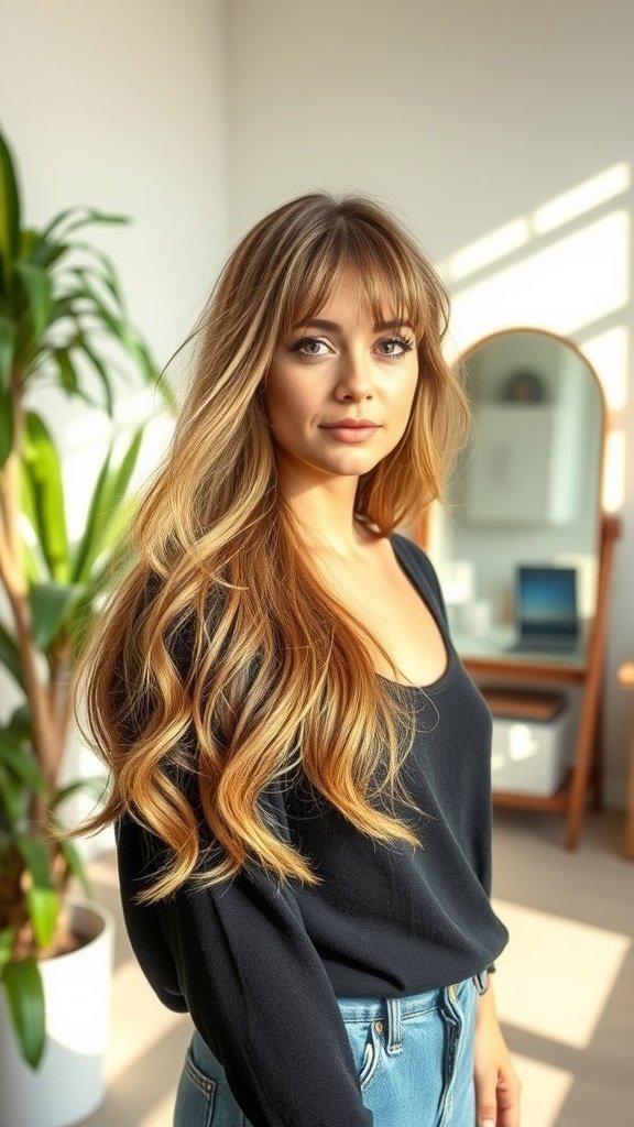 A woman with long, flowy waves and airy bangs, showcasing a chic hairstyle.
