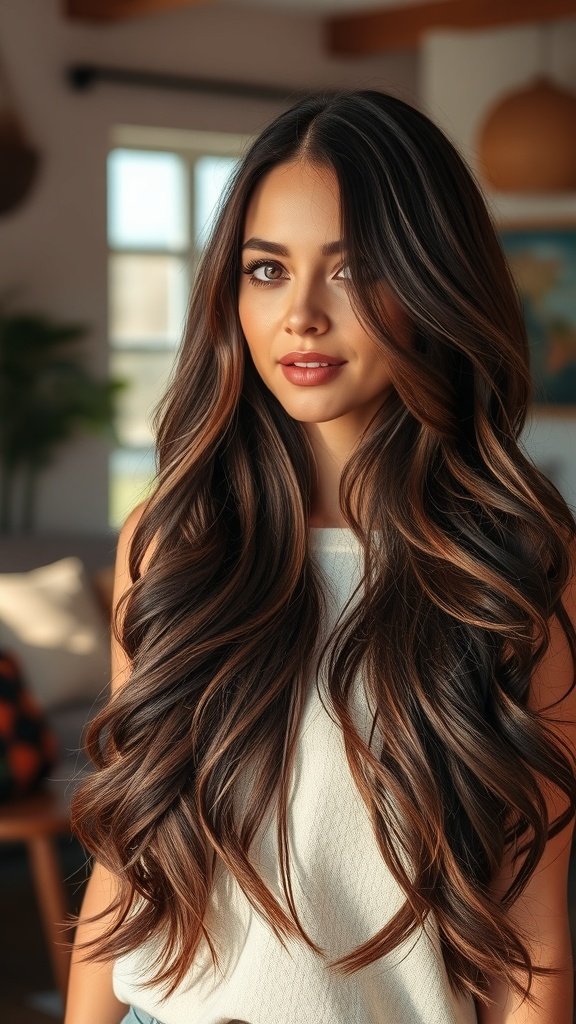 A woman with long layered chocolate brown hair, showcasing glossy waves and highlights.