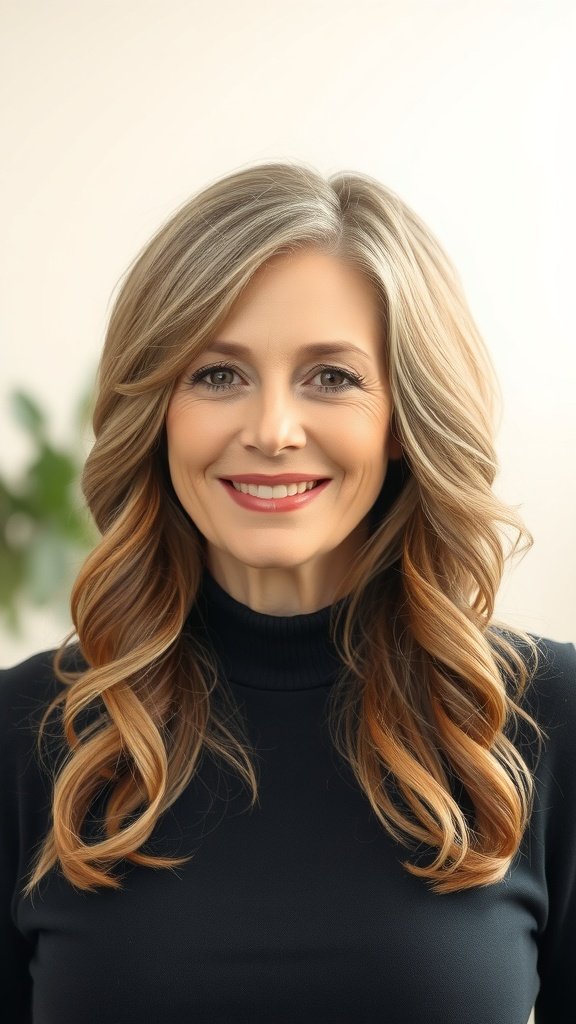 A woman with a long pixie hairstyle featuring face-framing pieces, smiling and looking elegant.