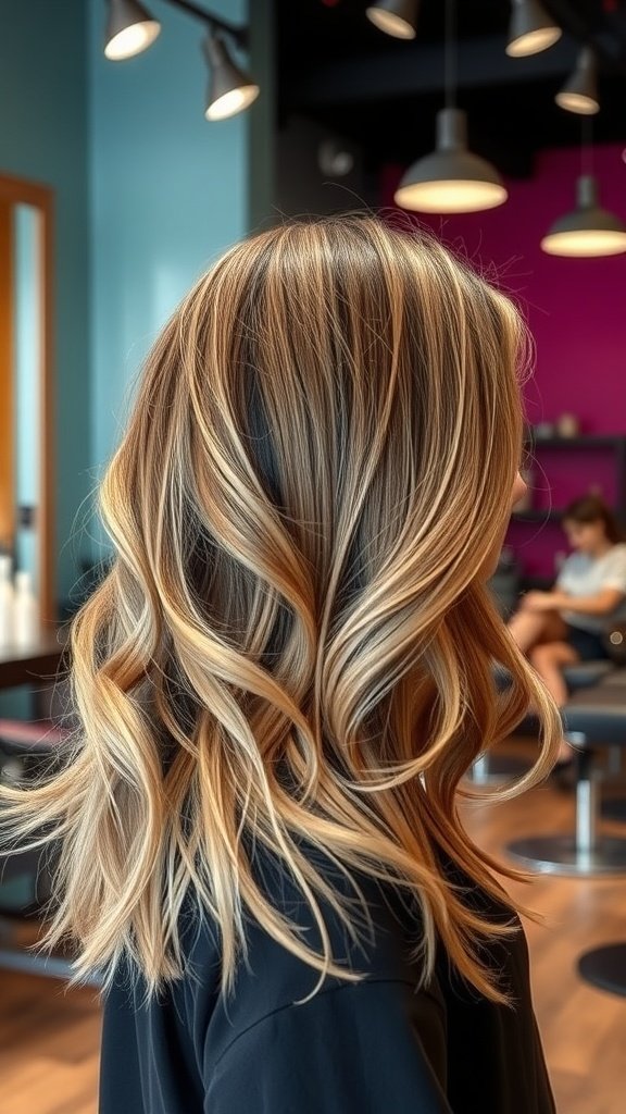 Long shag haircut with cascading layers and highlights