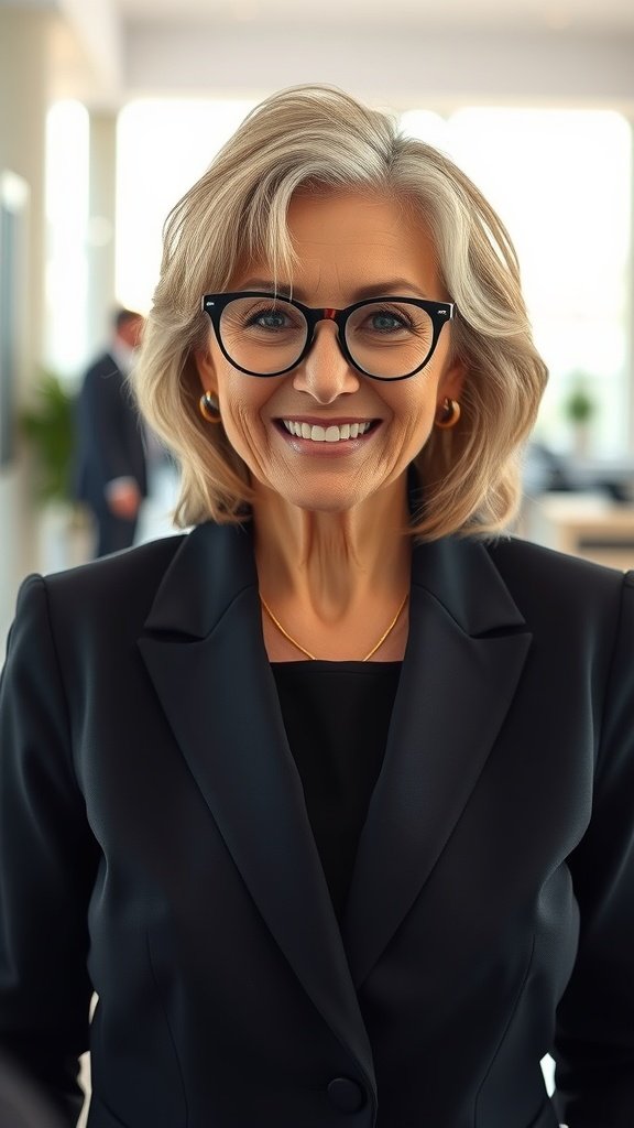 A woman over 70 with medium length waves and glasses, smiling confidently in a professional setting.