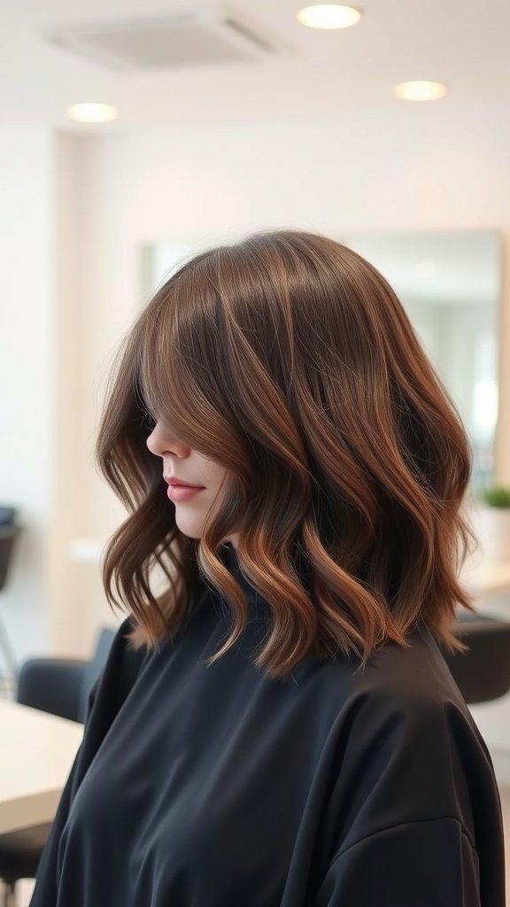 A woman with mid-length hair styled in soft waves and a deep side part, showcasing a chic and voluminous look.