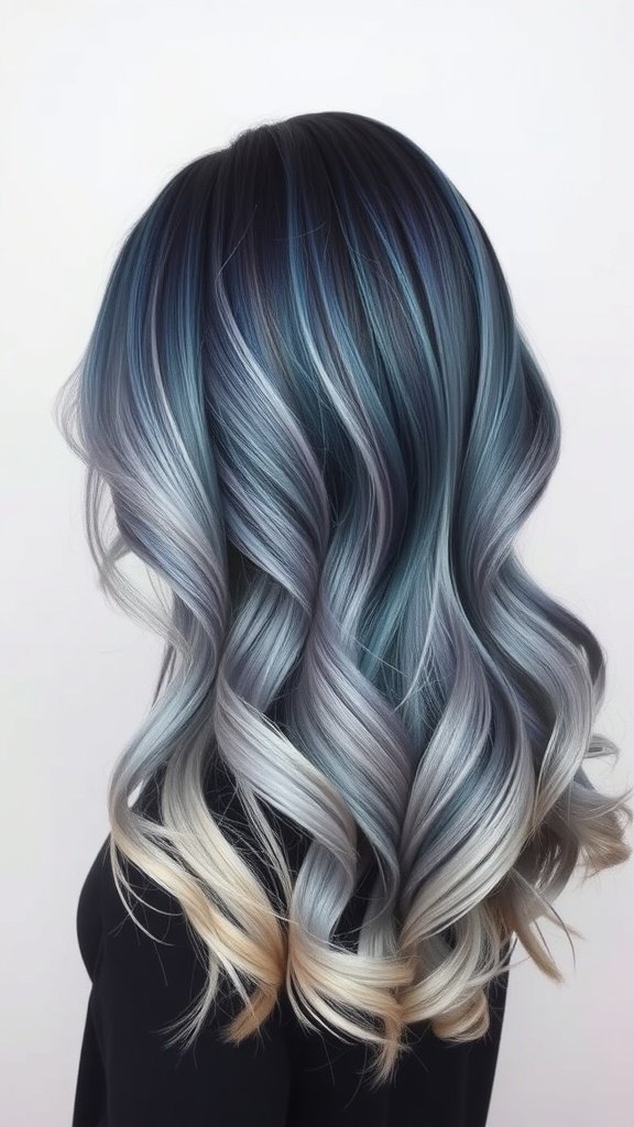 A hairstyle featuring a midnight blue to gray fade with loose waves.