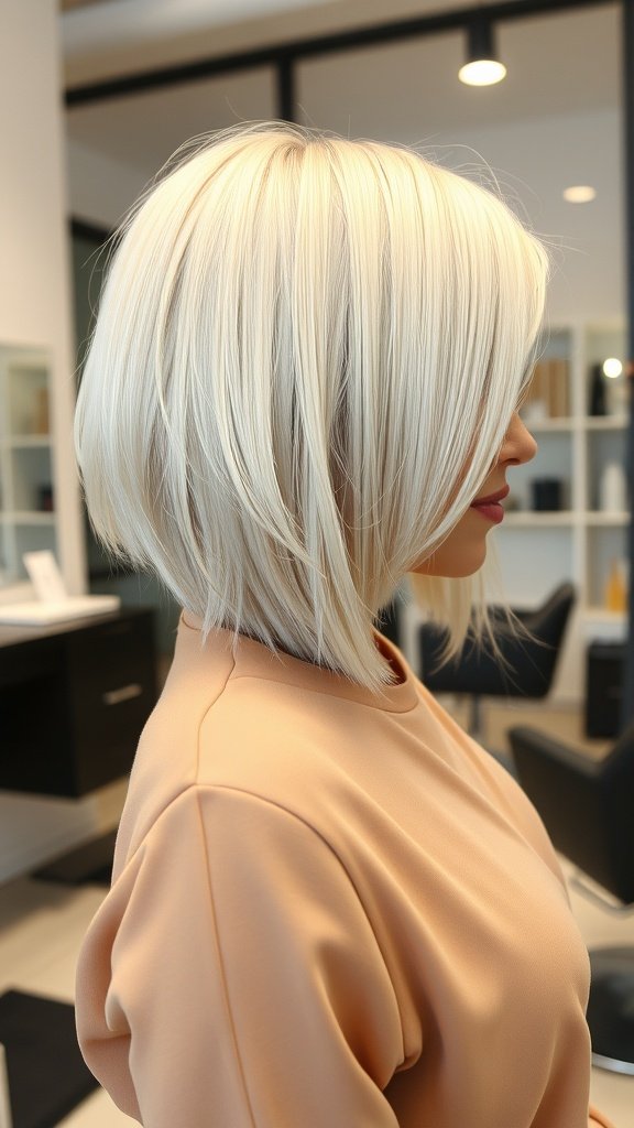 A stylish platinum blonde asymmetrical bob hairstyle, showcasing a modern and chic look.