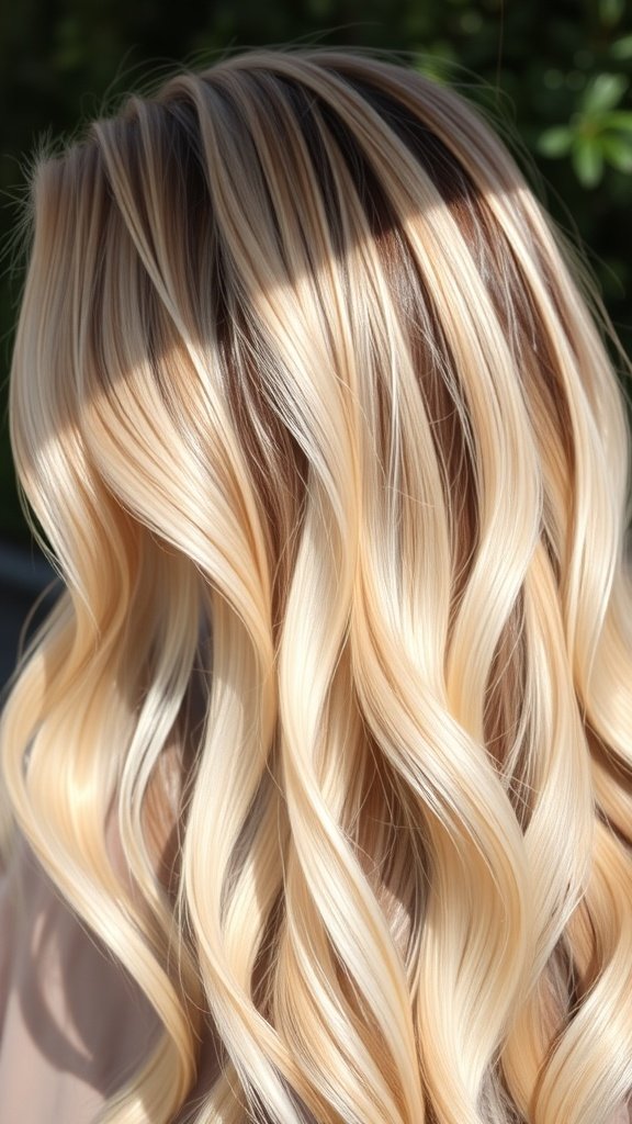 A close-up of wavy hair featuring platinum blonde balayage highlights.