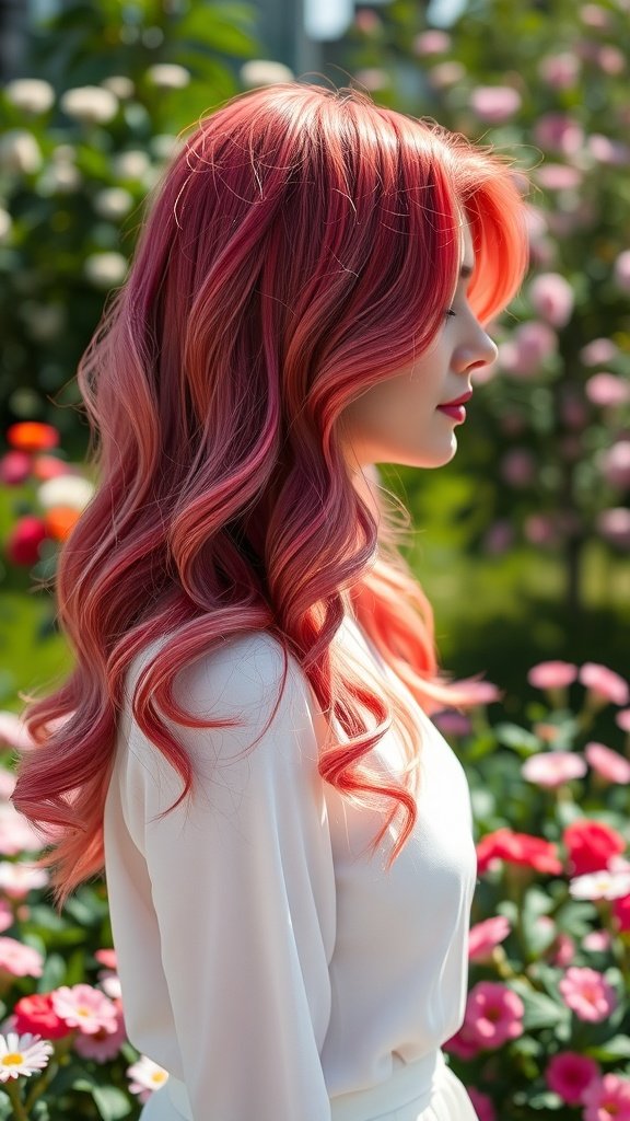 A woman with medium reddish pink hair styled in waves, standing in a garden filled with colorful flowers.