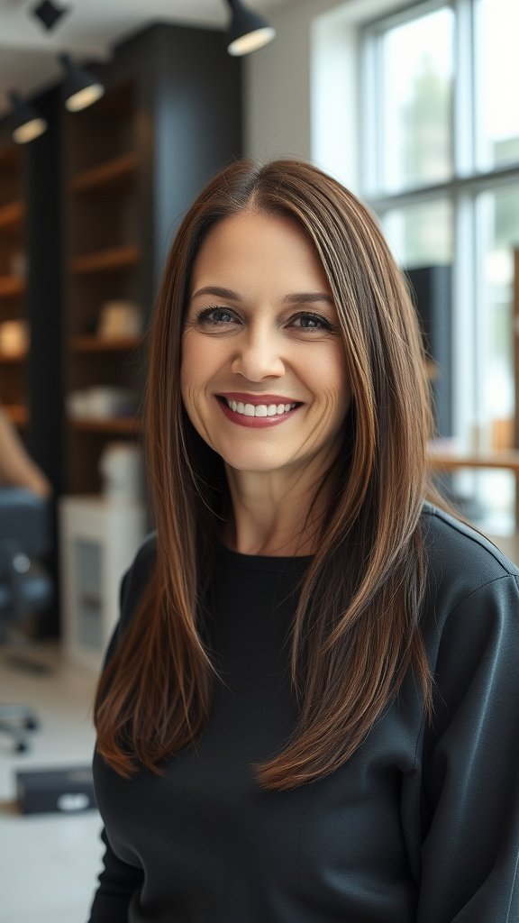 A woman with rich brunette sleek straight layers hairstyle, smiling in a modern setting.
