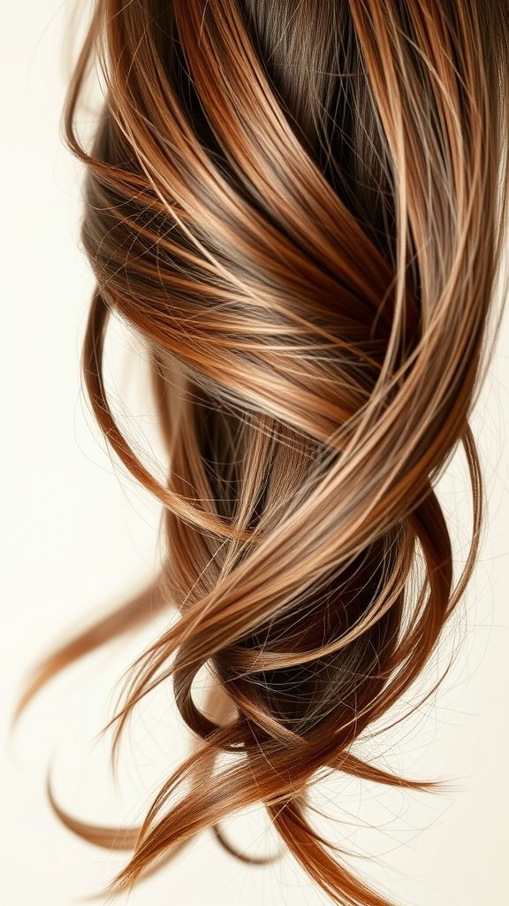 Hair styled in rich cinnamon brown with subtle layers