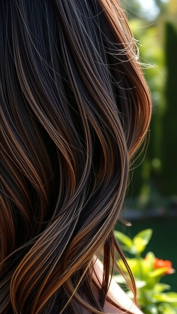 Dark brown hair with subtle honey balayage highlights styled in soft waves