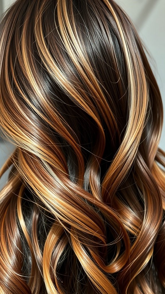 Rich mocha balayage with blonde highlights on dark brown hair