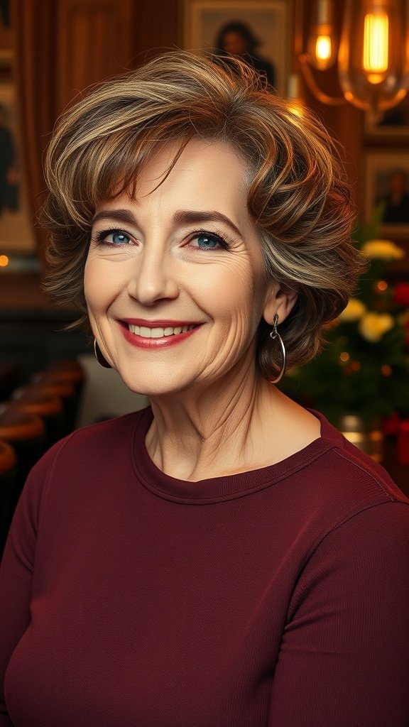 A woman over 60 with a romantic curly crop hairstyle and side bangs, smiling warmly.