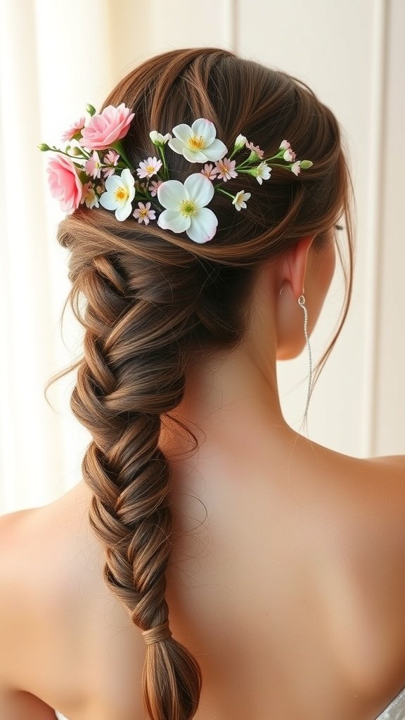 A romantic fishtail crown hairstyle adorned with flowers.