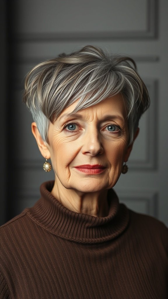 A woman with a root-lifted layered pixie hairstyle, showcasing volume and texture.