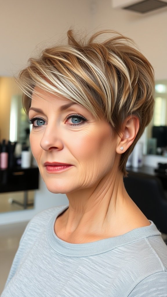 A woman with a root-lifted layered pixie hairstyle, showcasing a youthful and vibrant look.