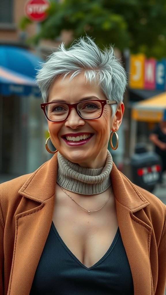 A woman with a salt and pepper pixie hairstyle and undercut, wearing glasses and a stylish outfit.