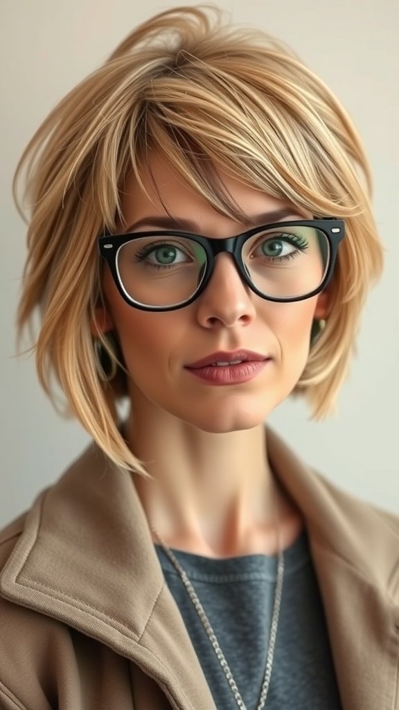 A woman over 50 with a shaggy cut and feathered layers, wearing glasses.