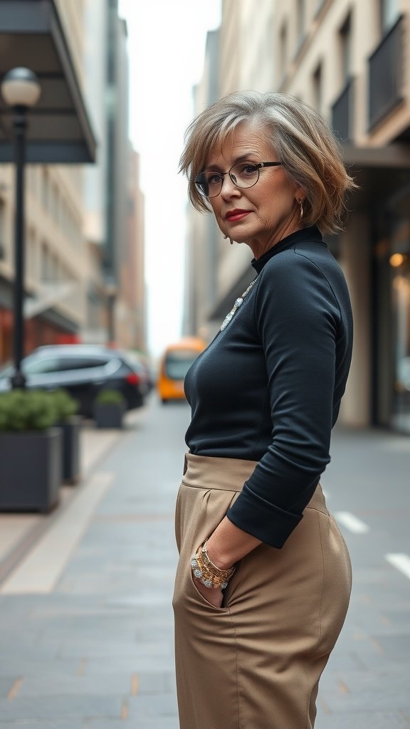 A stylish older woman with a shaggy wedge bob hairstyle, wearing a fitted top and tailored pants, looking confidently at the camera.