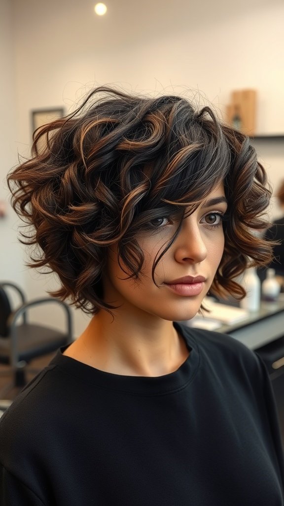 A woman with short layered shag hairstyle, featuring defined curls and a stylish look.