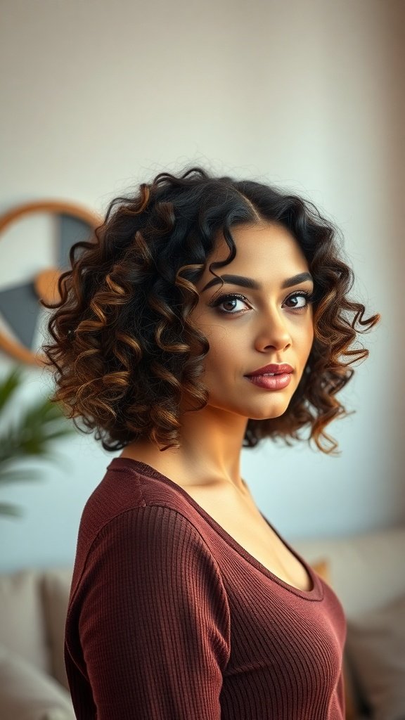 A woman with shoulder-length loose ringlets and a middle part, showcasing a stylish curly hairstyle.