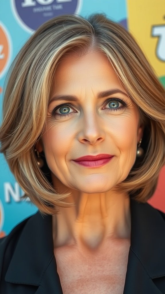 A woman with a side-parted shoulder-length lob hairstyle, showcasing a youthful and sophisticated look.