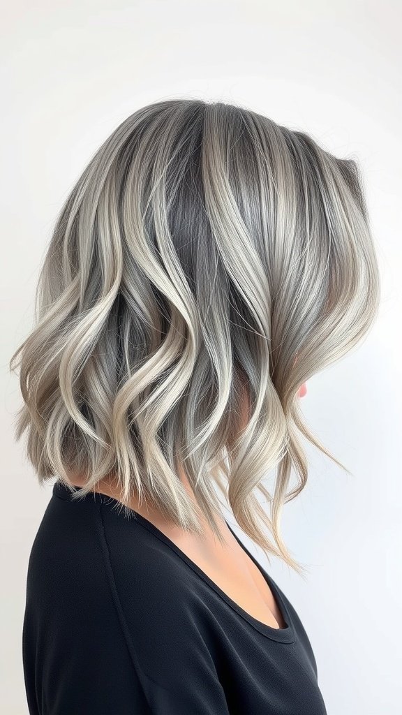 A stylish silver-gray wavy bob haircut
