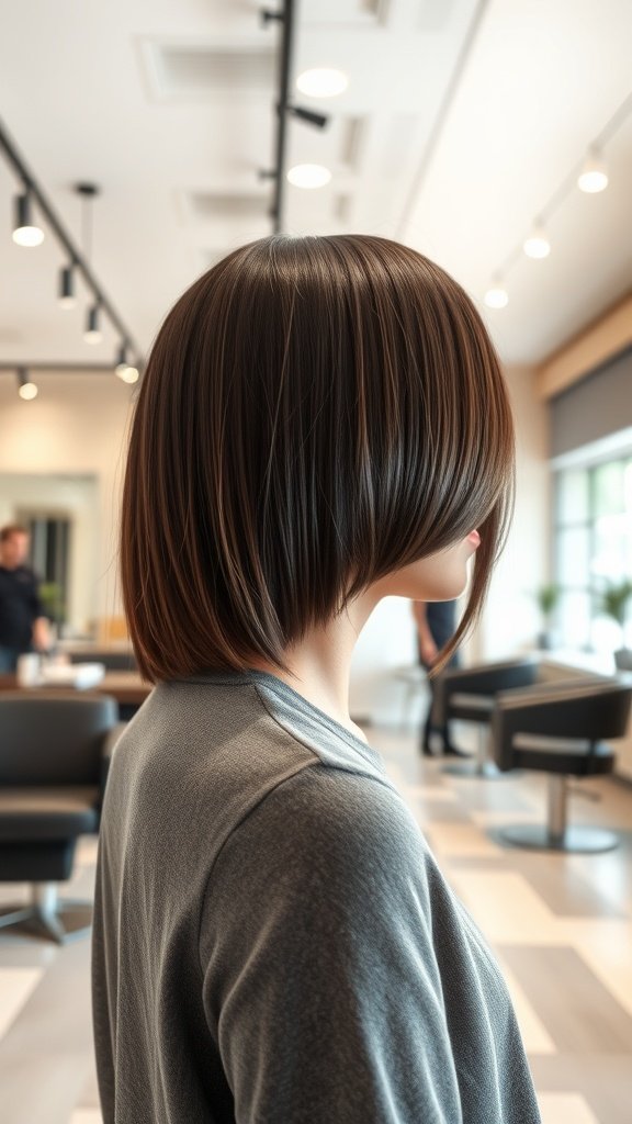 A woman with a sleek asymmetrical bob hairstyle featuring an undercut, showcasing a modern and stylish look.