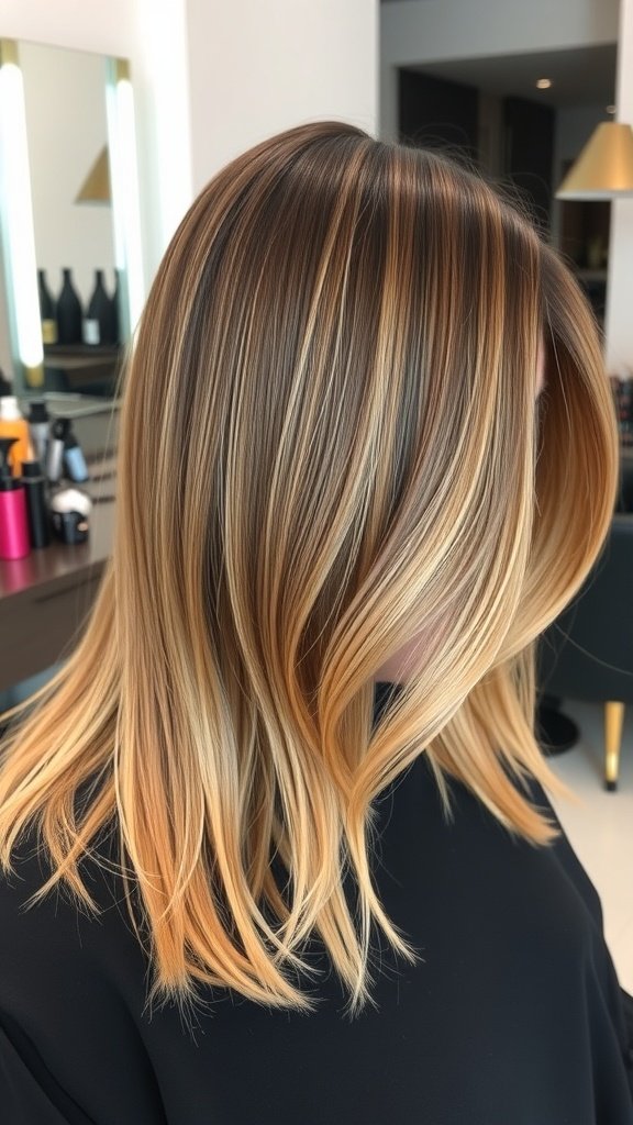 A sleek lob haircut with a deep side part, showcasing smooth, shiny hair.