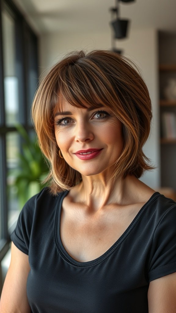 A woman with a sleek mid-length haircut and side bangs, showcasing a polished and modern look.