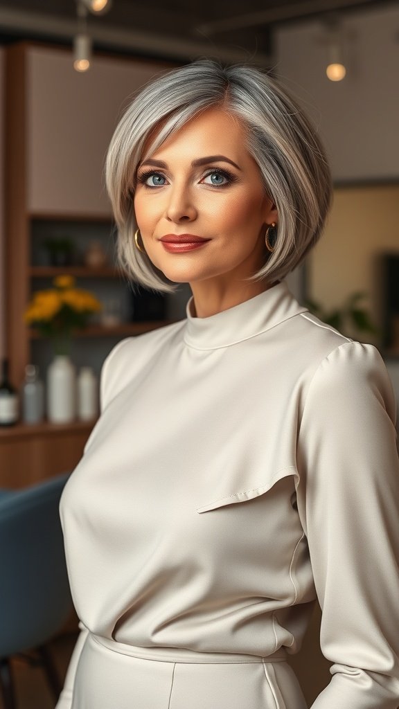 A woman with a sleek stacked bob hairstyle, showcasing a polished and elegant look.