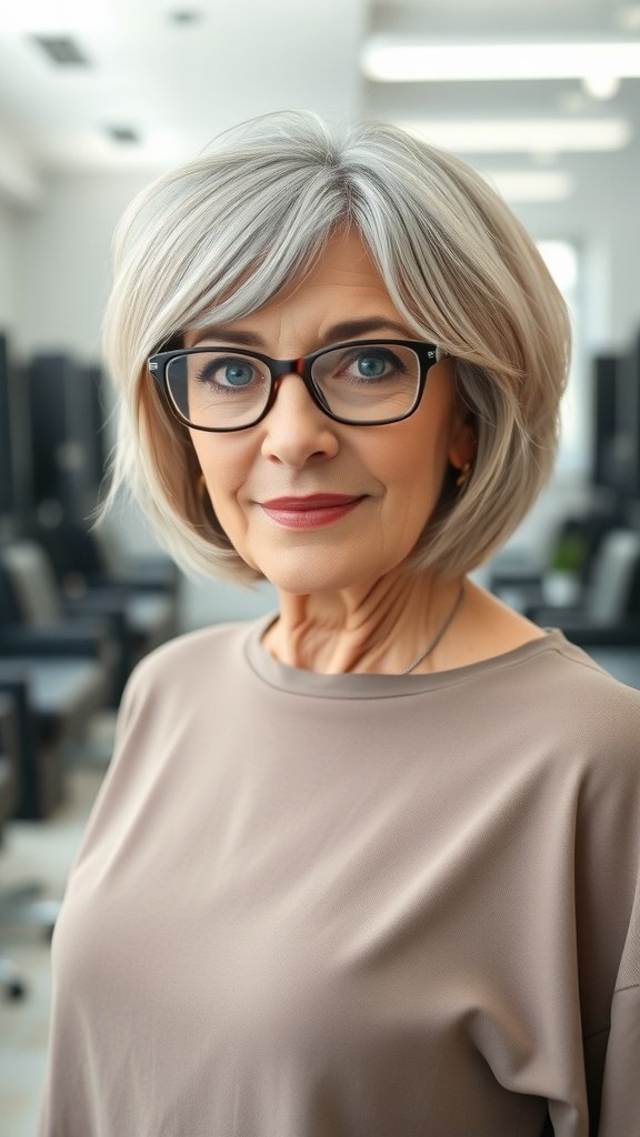 A woman over 50 with a softly layered bob hairstyle and glasses, smiling confidently.