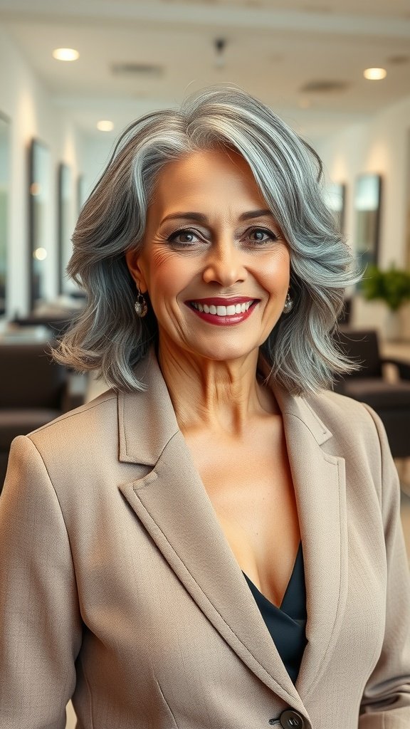 A woman with medium-length gray layered hair, wearing a beige blazer and smiling confidently.