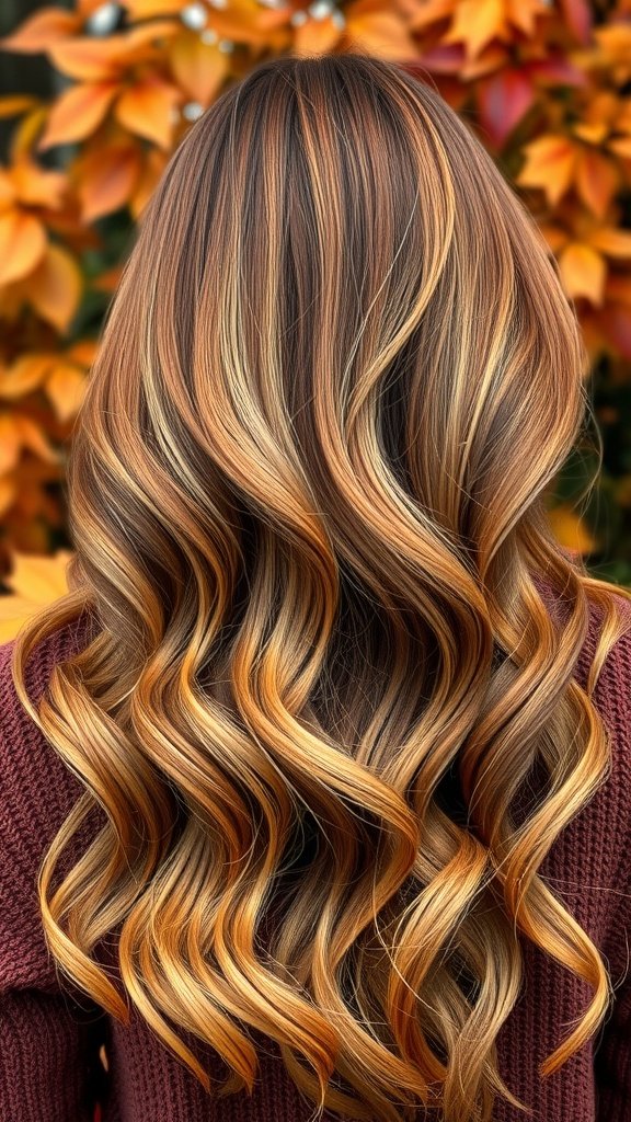 A woman with long, wavy hair featuring a spiced cider balayage color, set against a backdrop of autumn leaves.