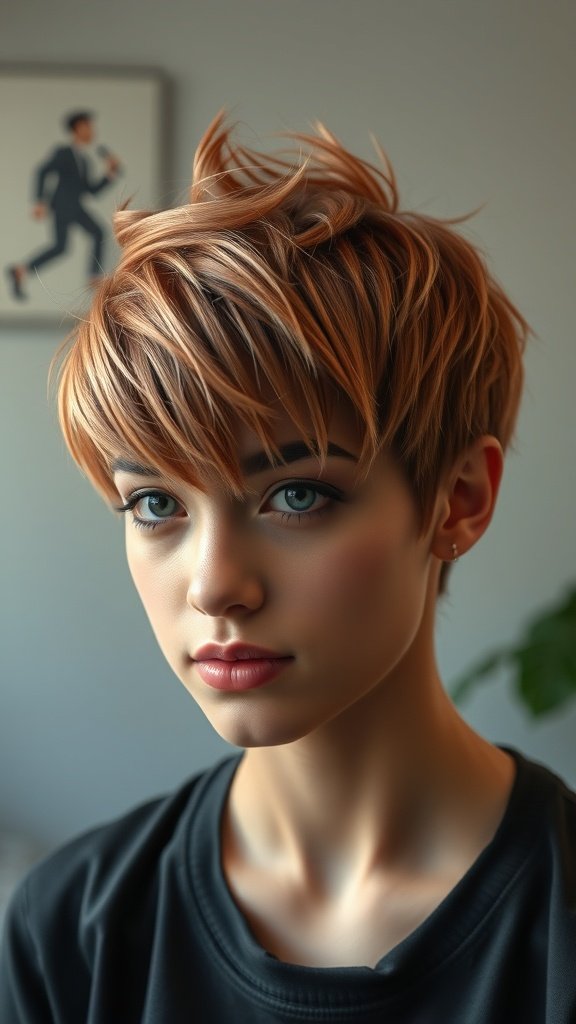 A young person with a spiky pixie haircut featuring dimensional highlights, showcasing a playful and edgy style.
