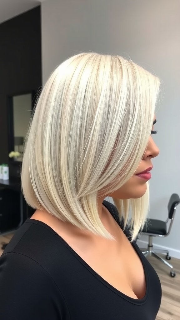 A stylish straight bubble bob hairstyle with a deep side part, showcasing sleek, straight strands.
